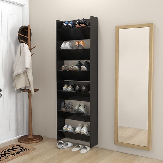 Photo of Benicia wall high gloss shoe cabinet with 6 shelves in black