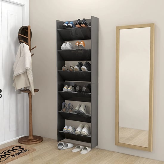 Product photograph of Benicia Wall High Gloss Shoe Cabinet With 6 Shelves In Grey from Furniture in Fashion