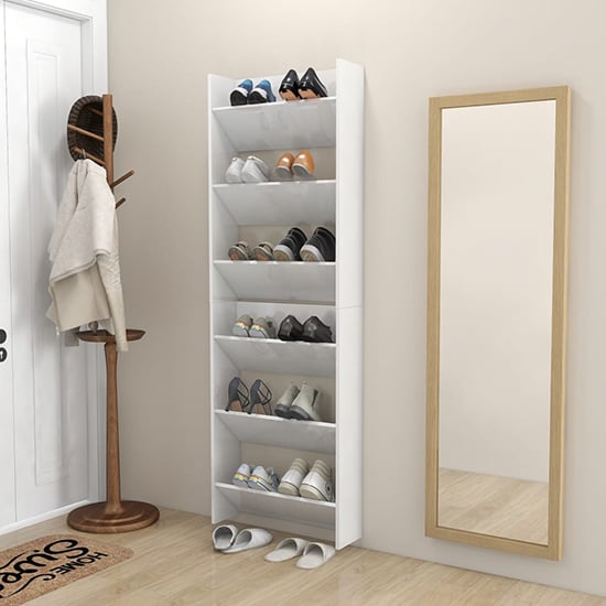 Product photograph of Benicia Wall High Gloss Shoe Cabinet With 6 Shelves In White from Furniture in Fashion
