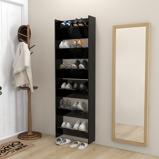 Product photograph of Benicia Wall Wooden Shoe Cabinet With 6 Shelves In Black from Furniture in Fashion