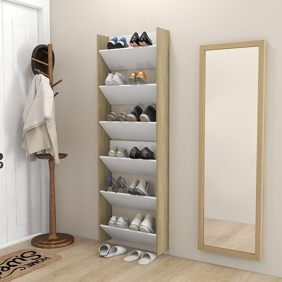 Product photograph of Benicia Wall Wooden Shoe Cabinet With 6 Shelves In White Oak from Furniture in Fashion