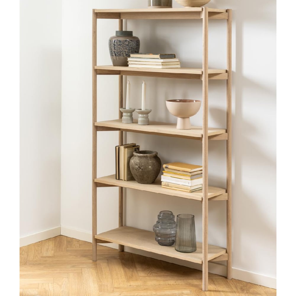 benson tall wooden bookcase with 4 shelves in white oak