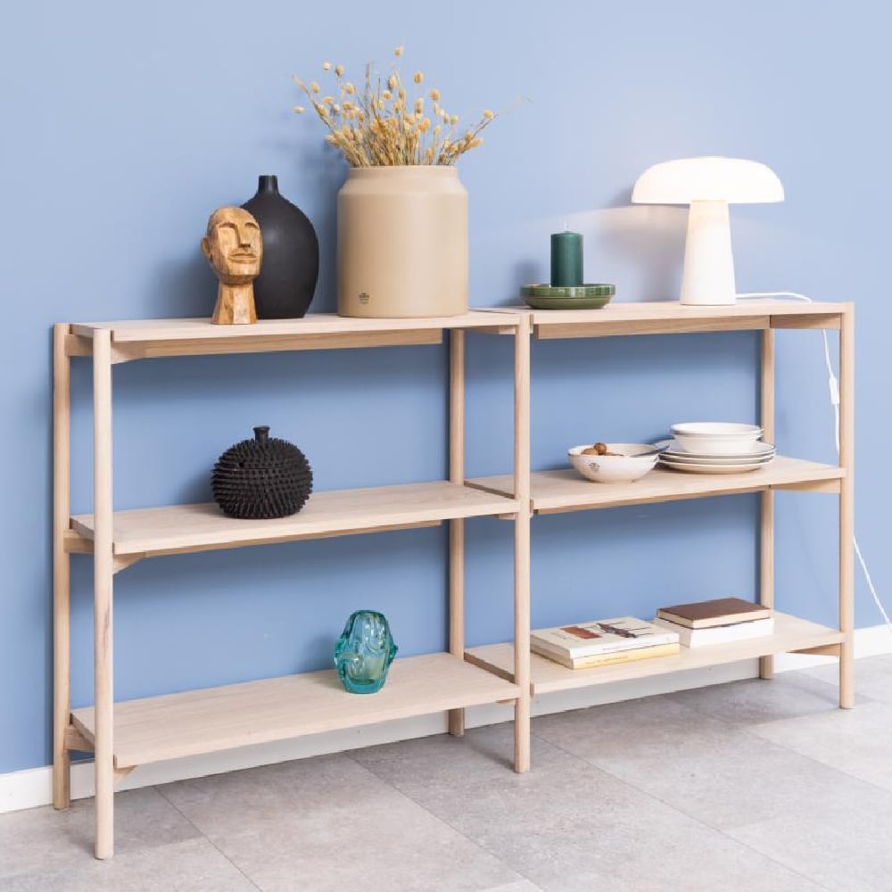 benson wide wooden bookcase with 4 shelves in white oak