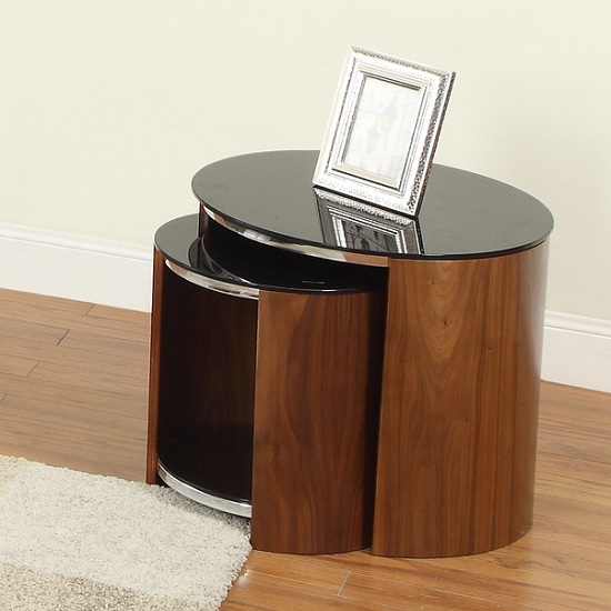 Read more about Bentwood walnut black glass nesting tables with chrome frame
