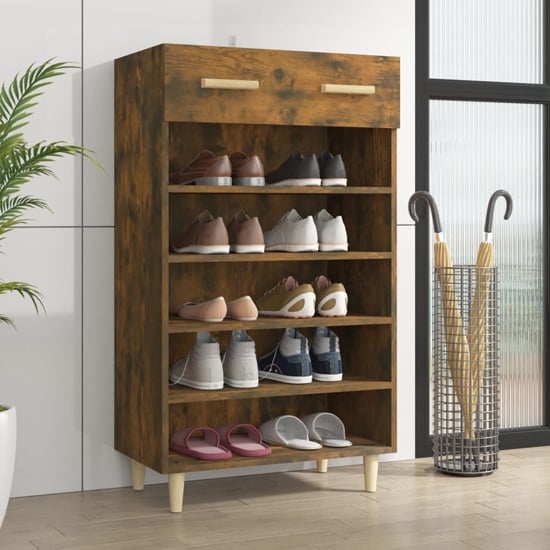 Product photograph of Beril Wooden Shoe Storage Cabinet With Drawer In Smoked Oak from Furniture in Fashion