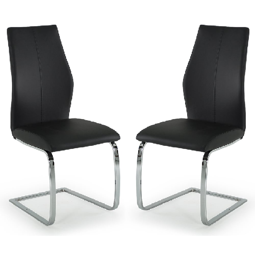 Product photograph of Bernie Black Leather Dining Chairs With Chrome Legs In Pair from Furniture in Fashion