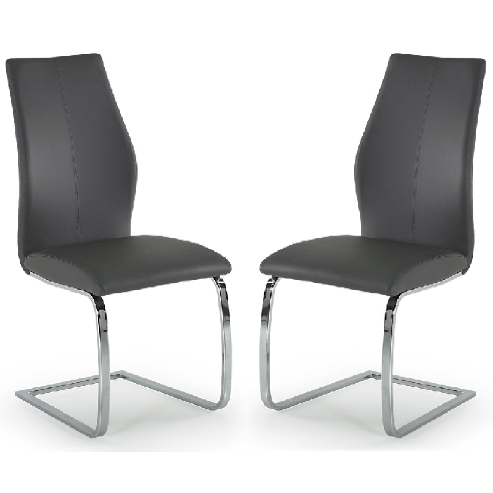 Product photograph of Bernie Grey Leather Dining Chairs With Chrome Legs In Pair from Furniture in Fashion