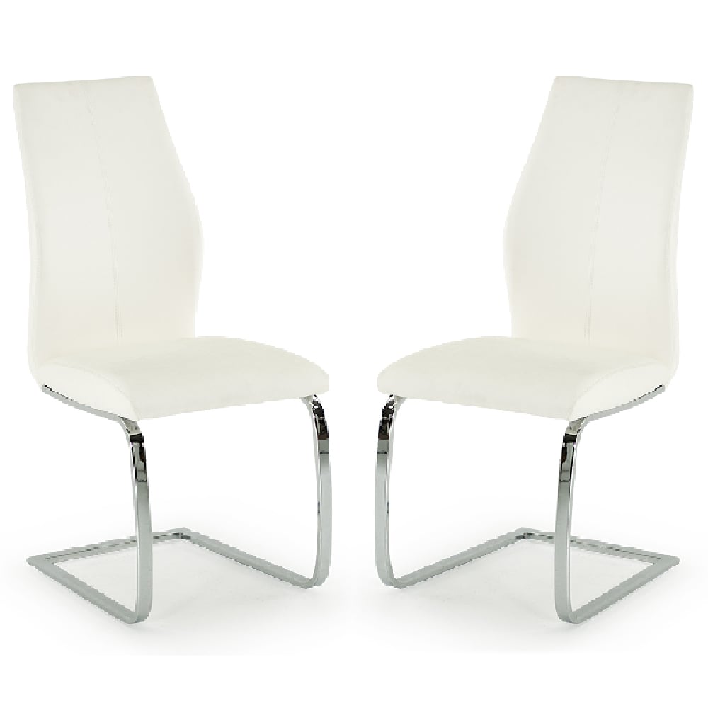 Product photograph of Bernie White Leather Dining Chairs With Chrome Legs In Pair from Furniture in Fashion