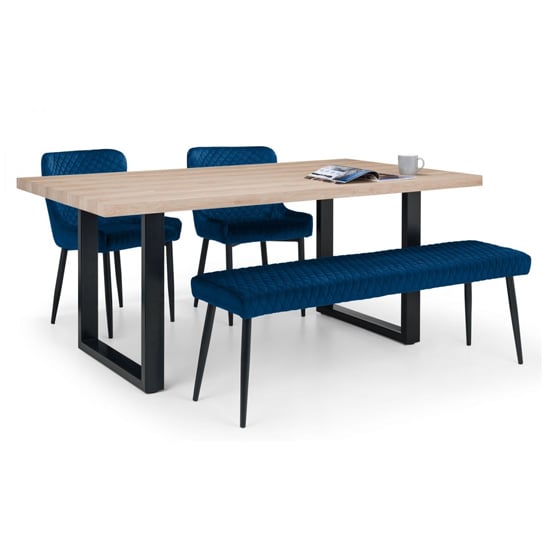 Product photograph of Bacca Oak Dining Table With Bench And 2 Lakia Blue Chairs from Furniture in Fashion