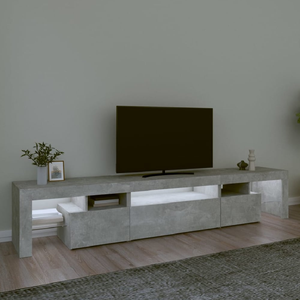 bethel wooden tv stand in concrete grey with led lights