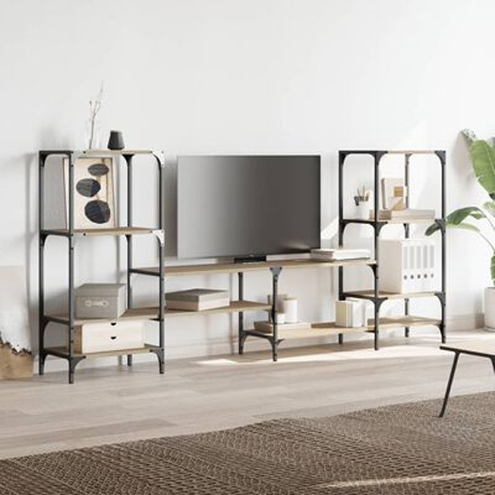 Product photograph of Beverley Wooden Tv Stand With 8 Shelves In Sonoma Oak from Furniture in Fashion
