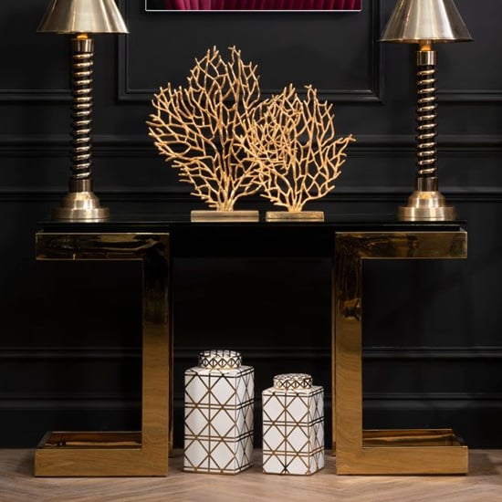 View Bibha black glass top console table with gold frame
