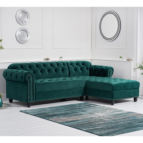 Bicasto Velvet Right Handed Chaise Corner Sofa In Green Fif