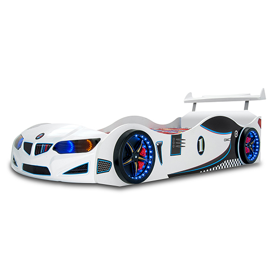 Read more about Bmw gti childrens car bed in white with spoiler and led
