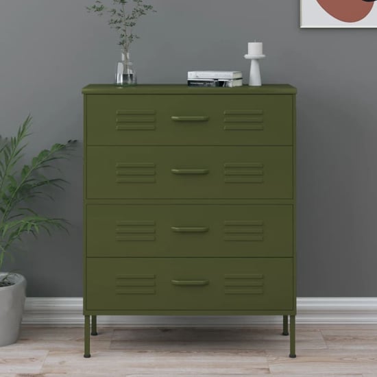 Product photograph of Bodmin Steel Chest Of 4 Drawers In Olive Green from Furniture in Fashion