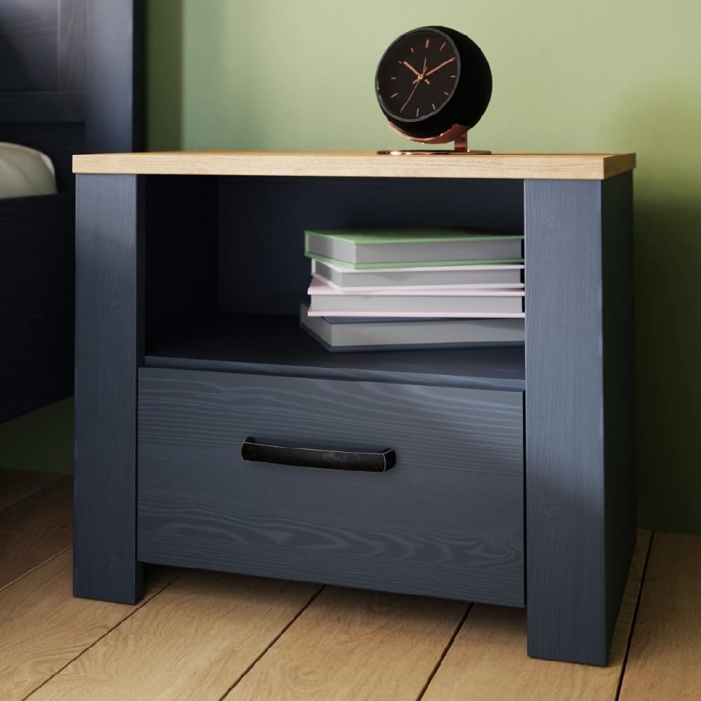 Product photograph of Bogota Wooden Bedside Cabinet With 1 Drawer In Navy And Oak from Furniture in Fashion