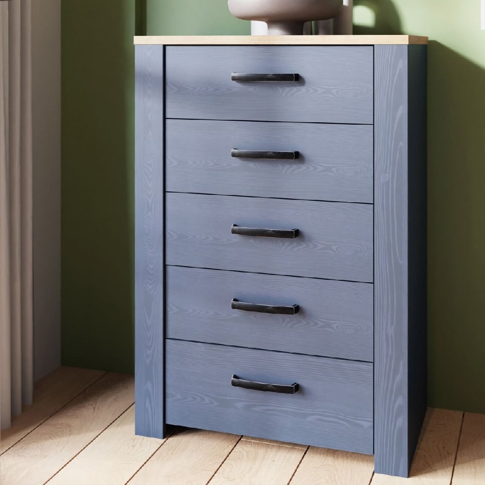 Product photograph of Bogota Wooden Chest Of 5 Drawers In Navy And Oak from Furniture in Fashion