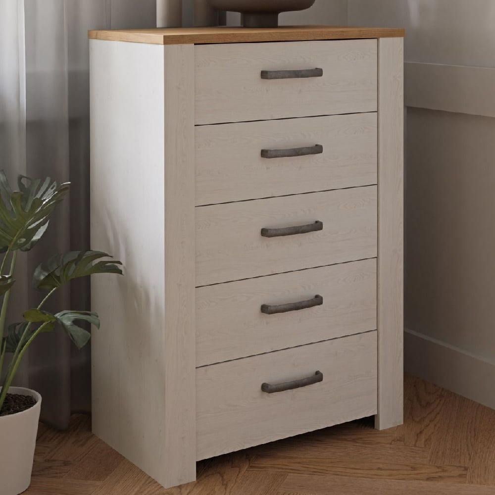 Product photograph of Bogota Wooden Chest Of 5 Drawers In White And Oak from Furniture in Fashion