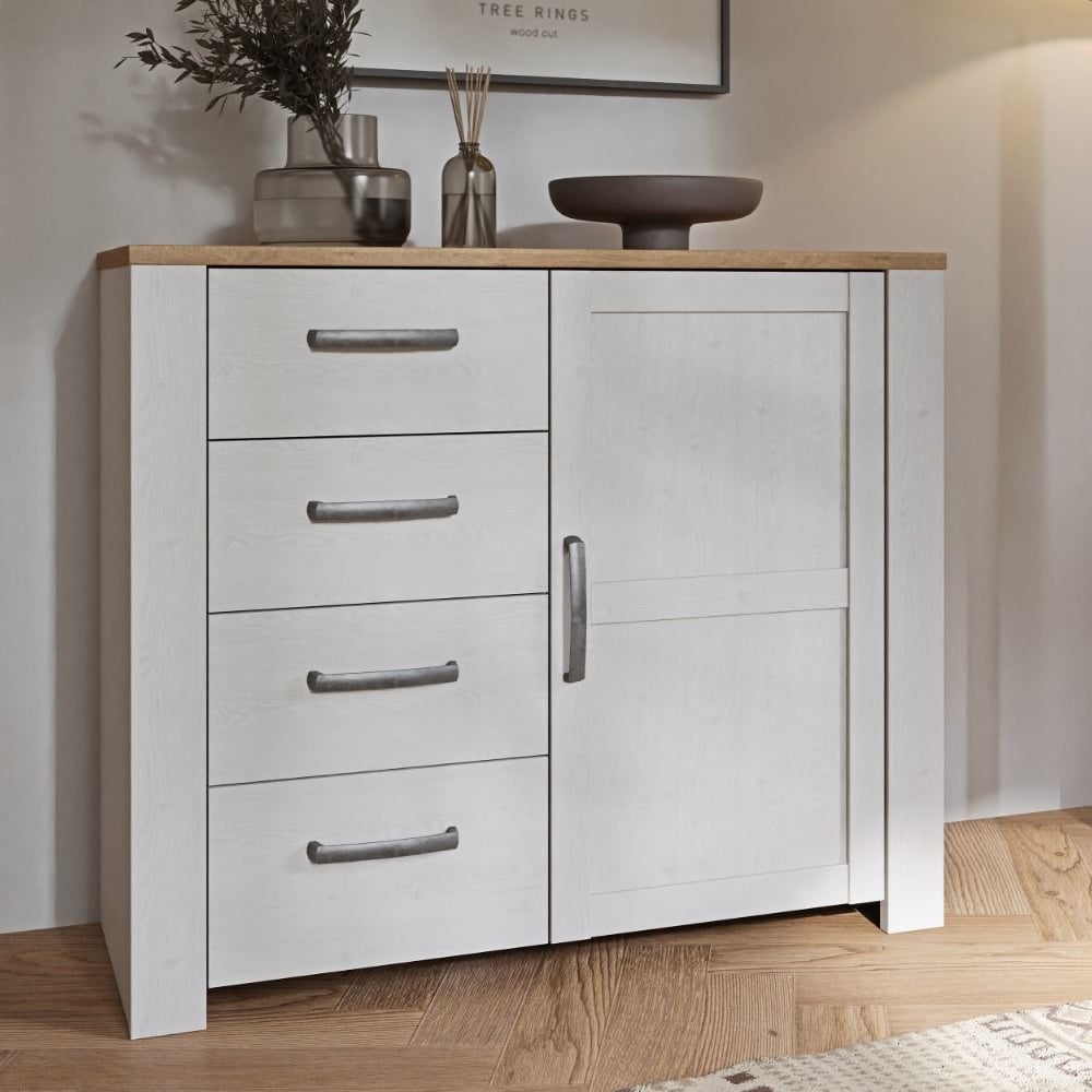 Product photograph of Bogota Wooden Sideboard With 1 Door 4 Drawers In White And Oak from Furniture in Fashion