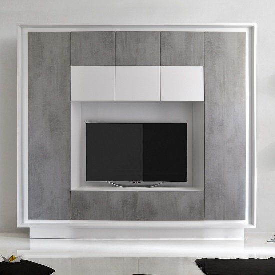 View Borden modern entertainment wall unit in cement grey and white