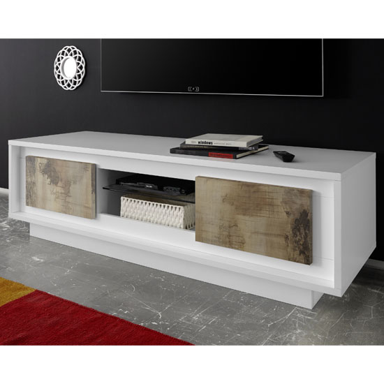 Product photograph of Borden Wooden 2 Doors Tv Stand In Matt White And Pero Oak from Furniture in Fashion