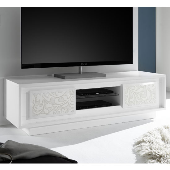 Product photograph of Borden Wooden 2 Doors Tv Stand In White And Flowers Serigraphy from Furniture in Fashion