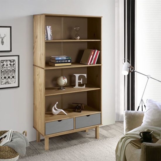 Product photograph of Bridie Pinewood Bookcase With 2 Drawers In Brown And Grey from Furniture in Fashion