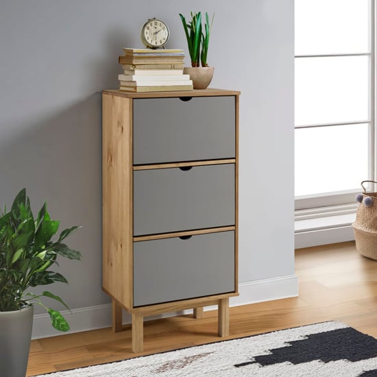 Photo of Bridie pinewood shoe storage cabinet with 3 drawers in brown grey