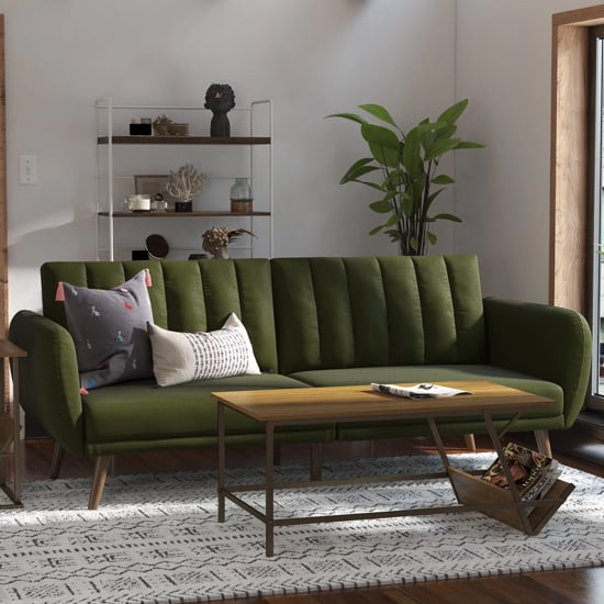 Read more about Brittan linen sofa bed with wooden legs in green