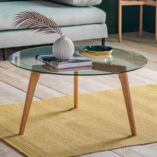 Read more about Brix round clear glass coffee table with natural oak base