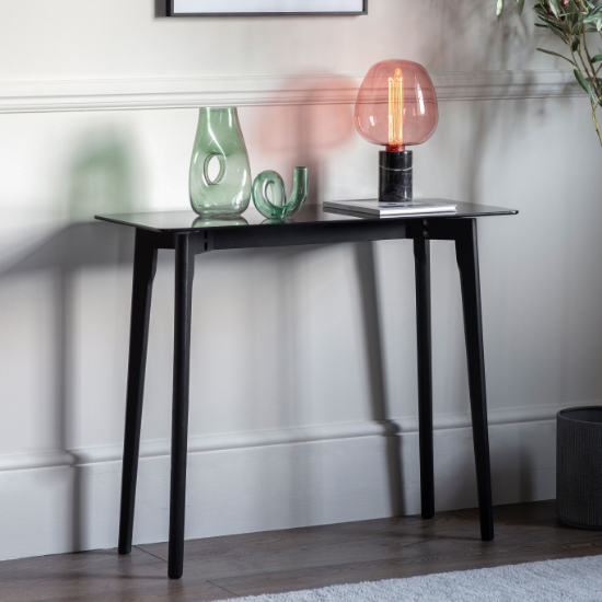 Product photograph of Brix Smoked Glass Console Table With Black Oak Base from Furniture in Fashion