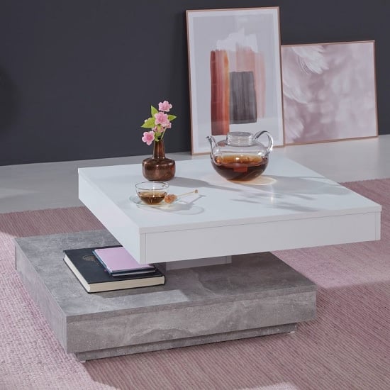 Product photograph of Brunch Rotating Coffee Table Square In White And Cement Grey from Furniture in Fashion