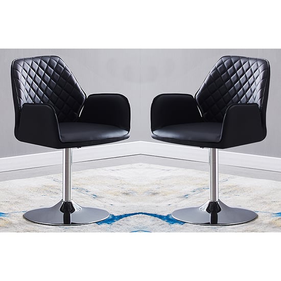 Photo of Bucketeer swivel black faux leather dining chairs in pair