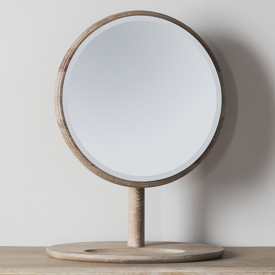Photo of Burbank round dressing mirror in oak wooden frame