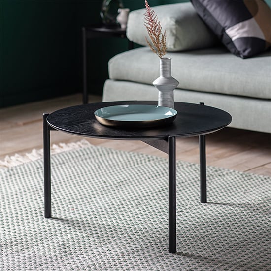 Cashel round coffee table in oak effect with black | Browse over 500