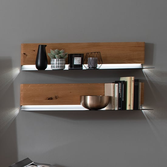 Read more about Bursa set of 2 wooden wall shelves in oak with led