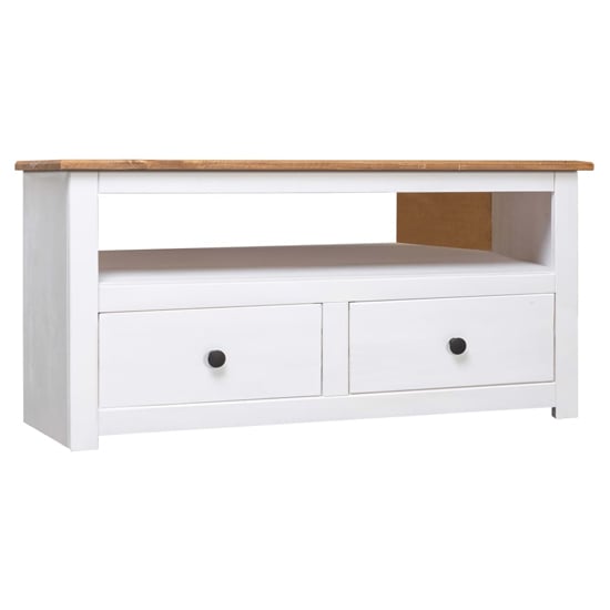 Product photograph of Bury Wooden Tv Stand Corner With 2 Drawers In White And Brown from Furniture in Fashion