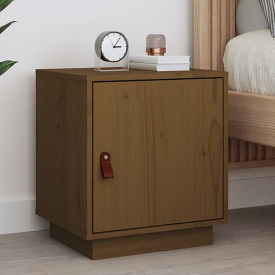 Product photograph of Byrne Pinewood Bedside Cabinet With 1 Door In Honey Brown from Furniture in Fashion