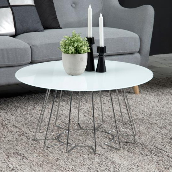 Read more about Cabazon round glass coffee table in white with chrome base