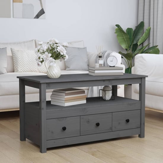 Product photograph of Cadell Pine Wood Coffee Table With 3 Drawers In Grey from Furniture in Fashion