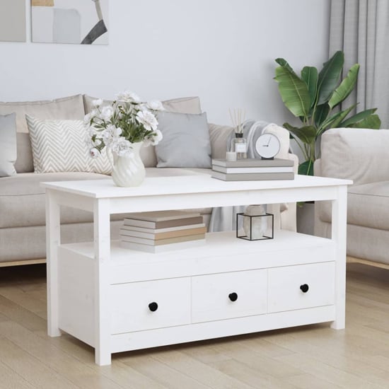 Product photograph of Cadell Pine Wood Coffee Table With 3 Drawers In White from Furniture in Fashion