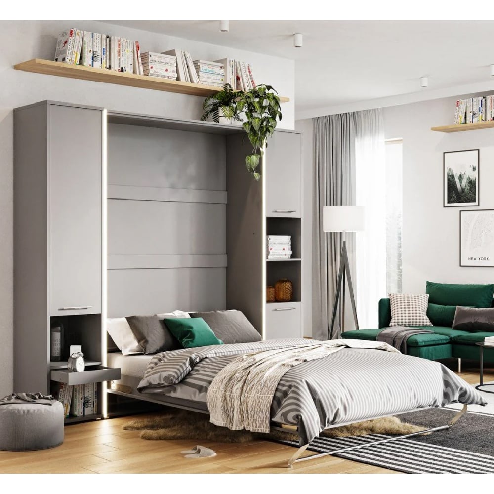 Read more about Cadott wooden vertical wall single bed in matt grey and led