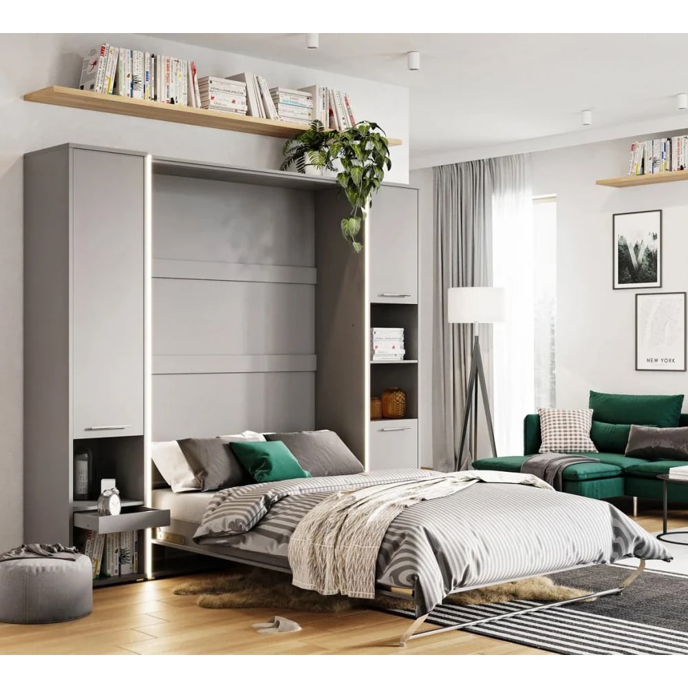 Read more about Cadott wooden vertical wall small double bed in grey and led