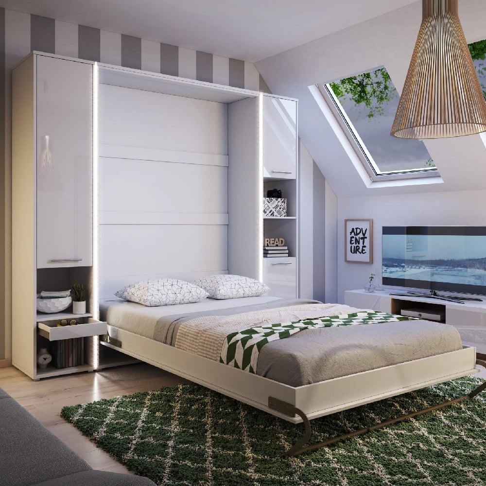 Read more about Cadott wooden vertical wall double bed in white and led