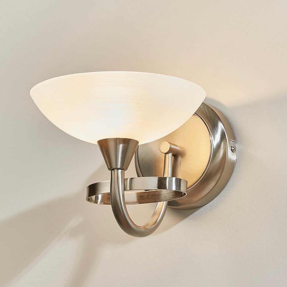 Product photograph of Cagney White Glass Shade Wall Light In Satin Chrome from Furniture in Fashion