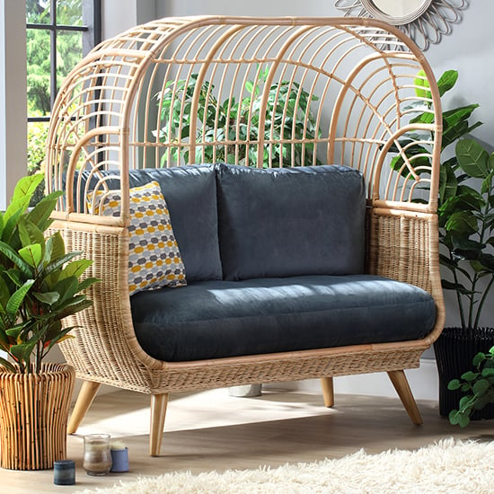 Read more about Cainta rattan 2 seater sofa with blue seat cushion