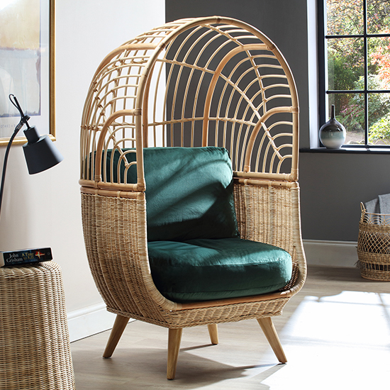 Read more about Cainta rattan armchair with velvet green seat cushion