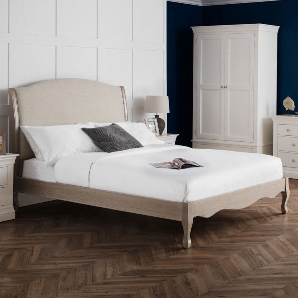 Product photograph of Caitlyn Oatmeal Linen Fabric Double Bed In Limed Oak from Furniture in Fashion