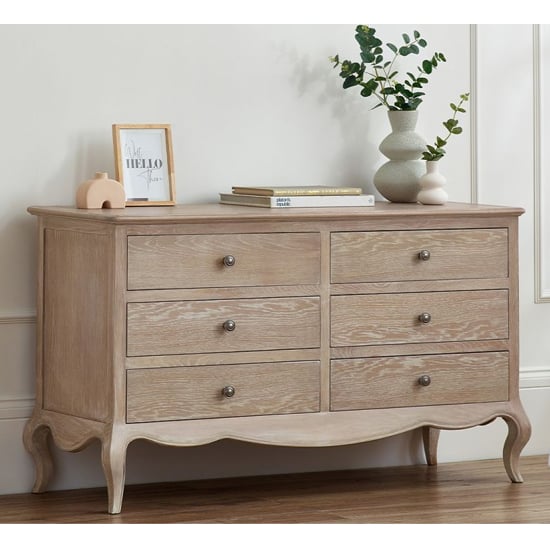 Product photograph of Caitlyn Wooden Chest Of 6 Drawers Wide In Limed Oak from Furniture in Fashion