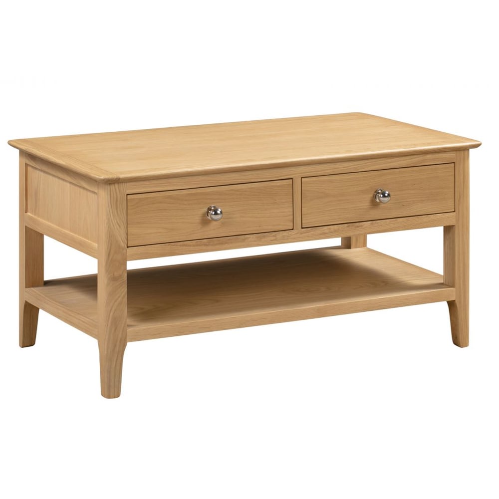 callia wooden coffee table with 2 drawers in natural